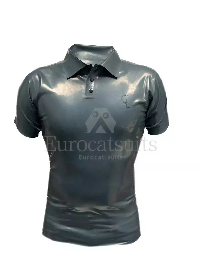 Eurocat látex masculino fino ajuste polo camisa de borracha topo moda manga curta traje artesanal camisa club wear catsuits personalizado
