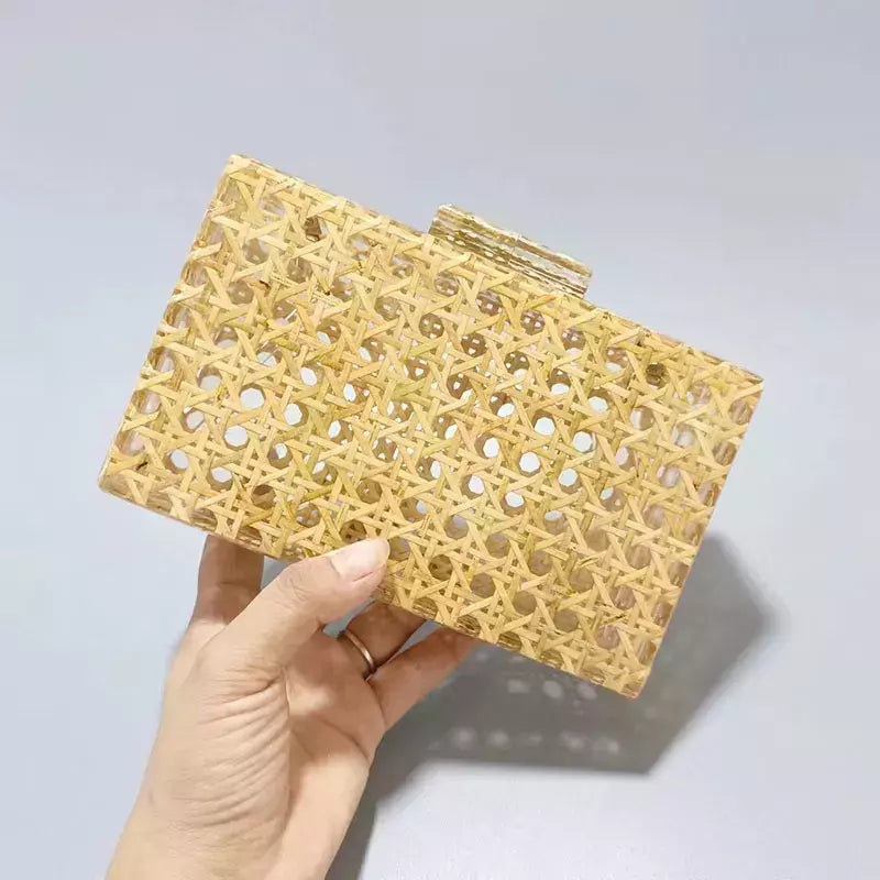 Embreagem de corrente de vime acrílico para mulheres, bolsa de noite, bolsa de ombro vintage, designer de luxo, moda, novo