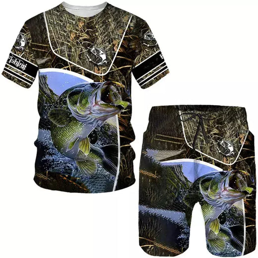 Conjuntos de 2 peças de camisetas e shorts com estampa 3D, trajes camuflados de pesca masculinos, agasalhos casuais, roupa de grandes dimensões, roupas masculinas