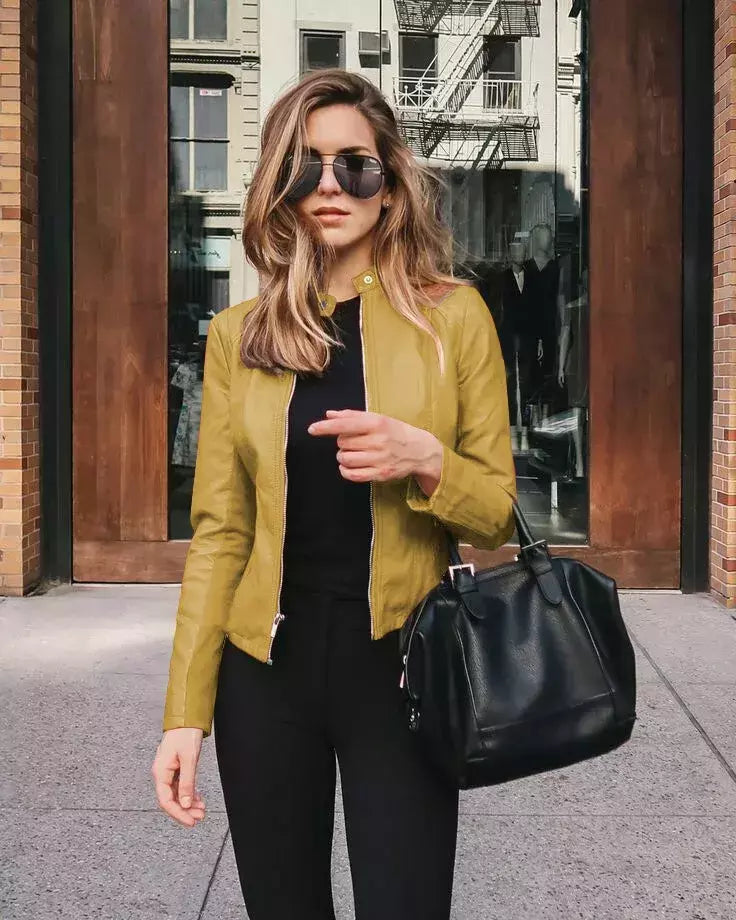 Jaqueta de couro PU feminina com zíper, casaco manga comprida, jaquetas de motociclista, slim fit, monocromática, streetwear casual, moda feminina, outono, Y2K