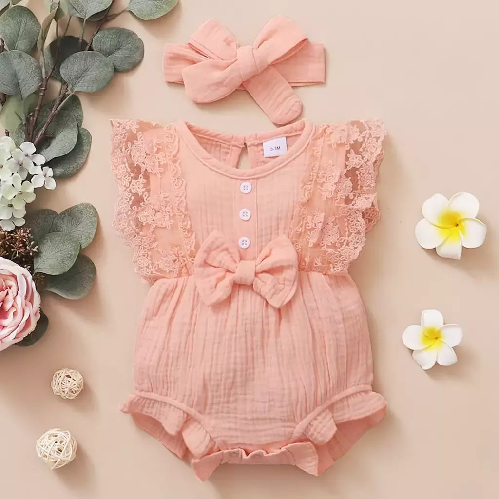 0-18 meses do bebê recém-nascido menina liso macio bodysuit laço queimado manga verão macacão com bandana da criança roupas da menina do bebê