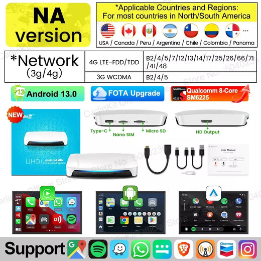 CarlinKit-Smart TV Box de saída de vídeo HDMI, Android 13, AI Box SM6225, 8 núcleos, Android Auto, Sem fio, Tela dividida, 2025