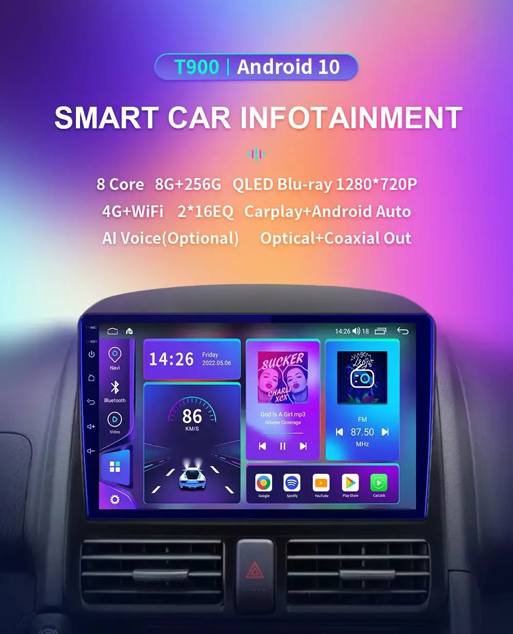 EKIY T900 8G 128G Universal Car Radio Multimídia Bru-ray QLED Navegação GPS Estéreo Android Auto Carplay BT 2 din DVD Unidade Principal
