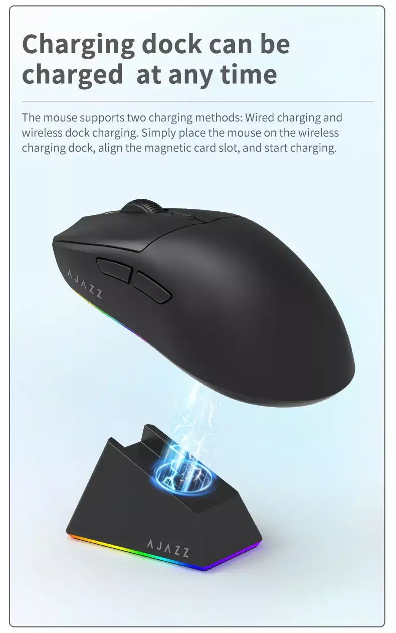 AJ139-V2-MC Tri-mode com fio/2.4GHz/BT Mouse para jogos sem fio com doca PAW3311 Chipset para jogos 12000DPI máx.