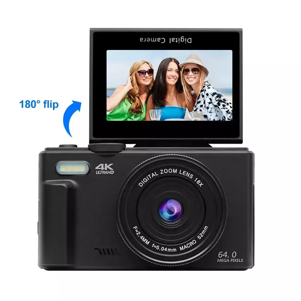 Câmera digital 4K para fotografia e câmera com zoom digital 18X Câmera compacta de vlogging de 64 MP 3 '' 180 ° Tela dobrável com flash