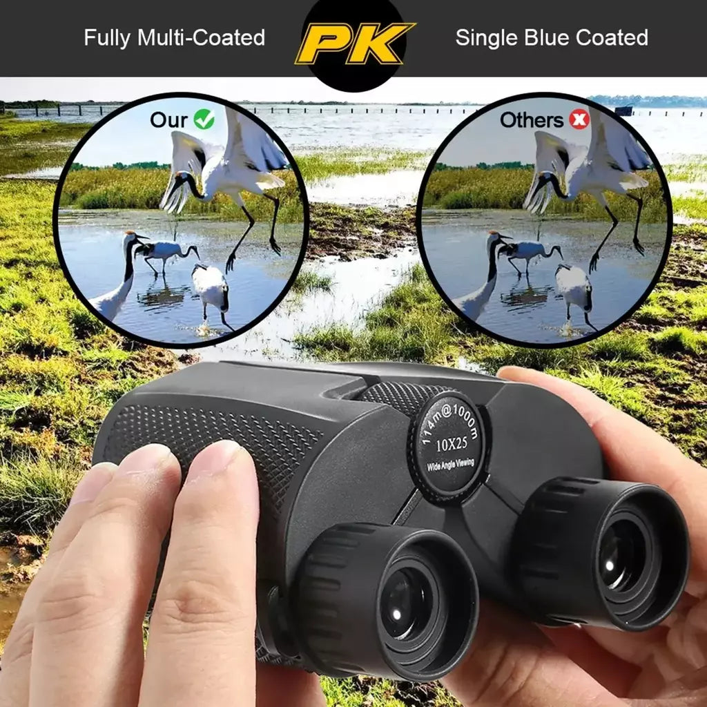 Binóculos 10x25 hd mini telescópio portátil bak4 fmc revestido telescópio ao ar livre observação de pássaros caça viagem acampamento bola jogo