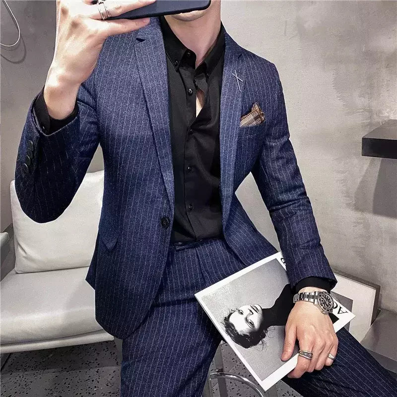 (Blazer + calças) high-end marca formal negócios xadrez terno dos homens noivo vestido de casamento cor sólida palco desempenho smoking S-7XL