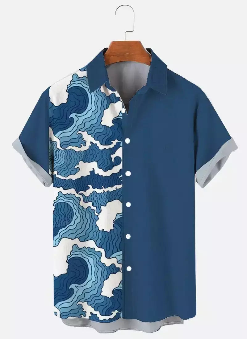 Camisa de botão de impressão 3D com padrões de nuvens e ondas, lapela manga curta, roupa unissex, tops casuais, férias de verão, nova