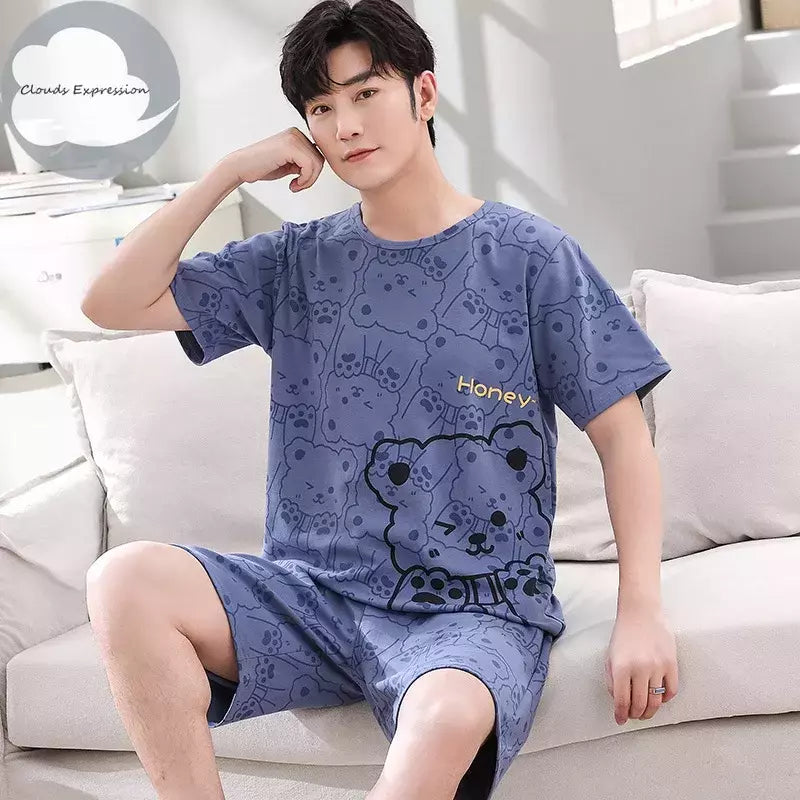 Desenhos animados pato impressão pijama conjuntos para jovens amantes, pijamas de algodão, ternos curtos para casais, moda homewear, verão, 4XL