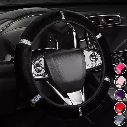 Capa de volante de carro de pelúcia macia strass acessórios interiores de inverno 37-38cm capa de direção estilo de carro para mulher