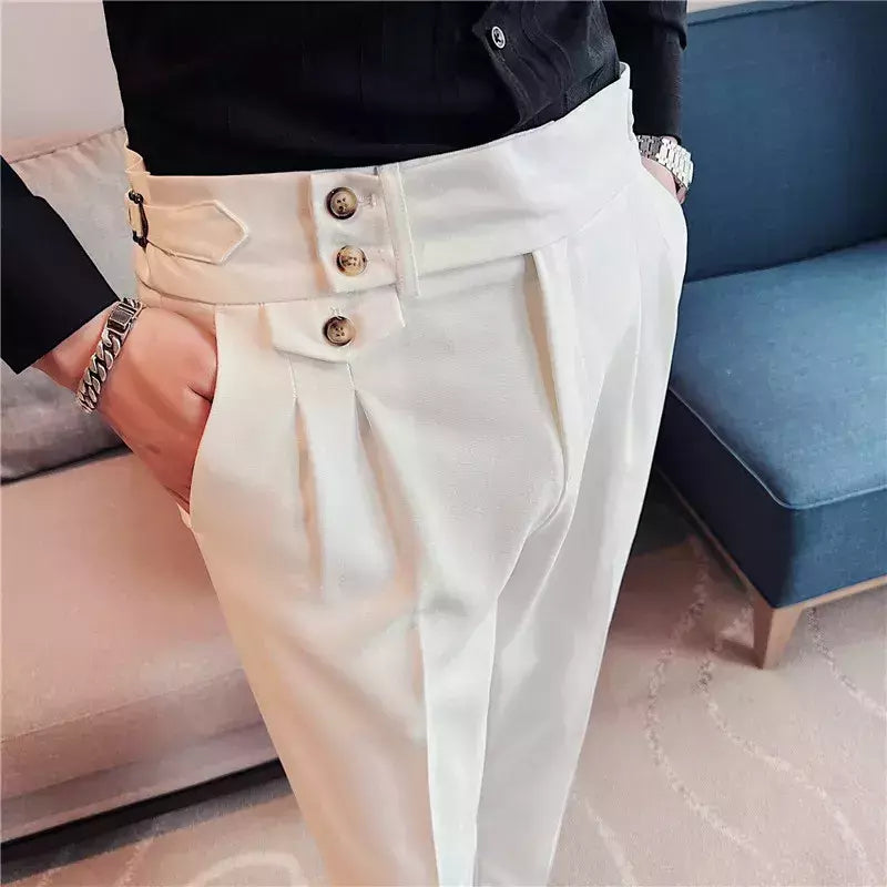 Calça formal de botão de cintura alta estilo britânico masculina, terno casual empresarial, calça de escritório, monocromática, alta qualidade, nova, primavera