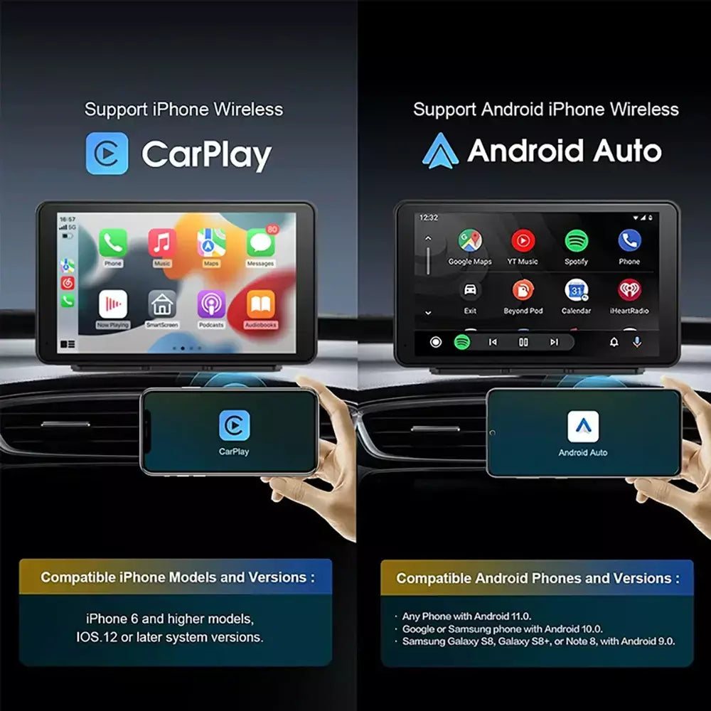 Reprodutor de vídeo multimídia universal de 7 polegadas Navegação GPS Carplay sem fio Apple Android Auto BT | Compatível com iOS e Android