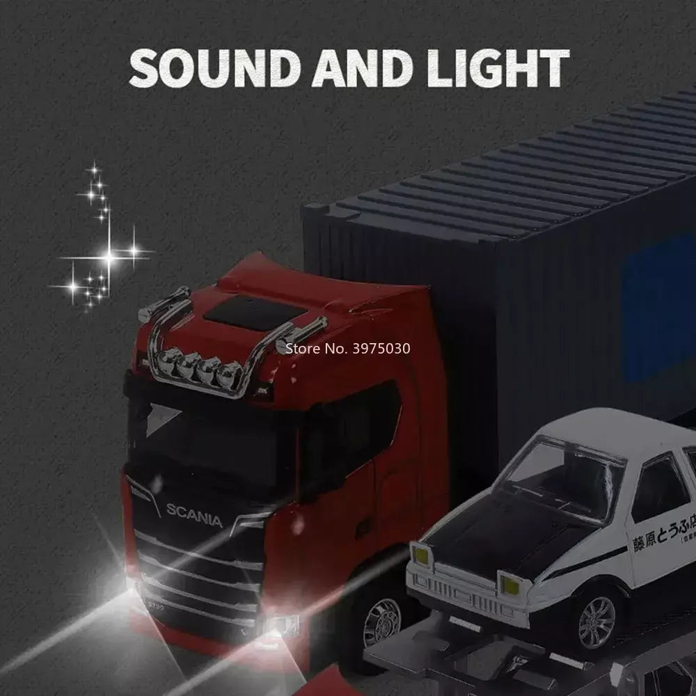 1:50 caminhão contêiner carros de brinquedo modelo fundido pneus de borracha veículo puxar para trás luz música carro em miniatura meninos presentes do festival