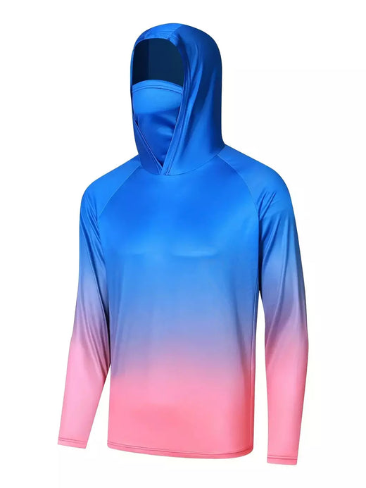 Camisa de pesca com capuz respirável masculina, top absorvente de umidade com polaina de pescoço UV e máscara facial integrada para atividades ao ar livre