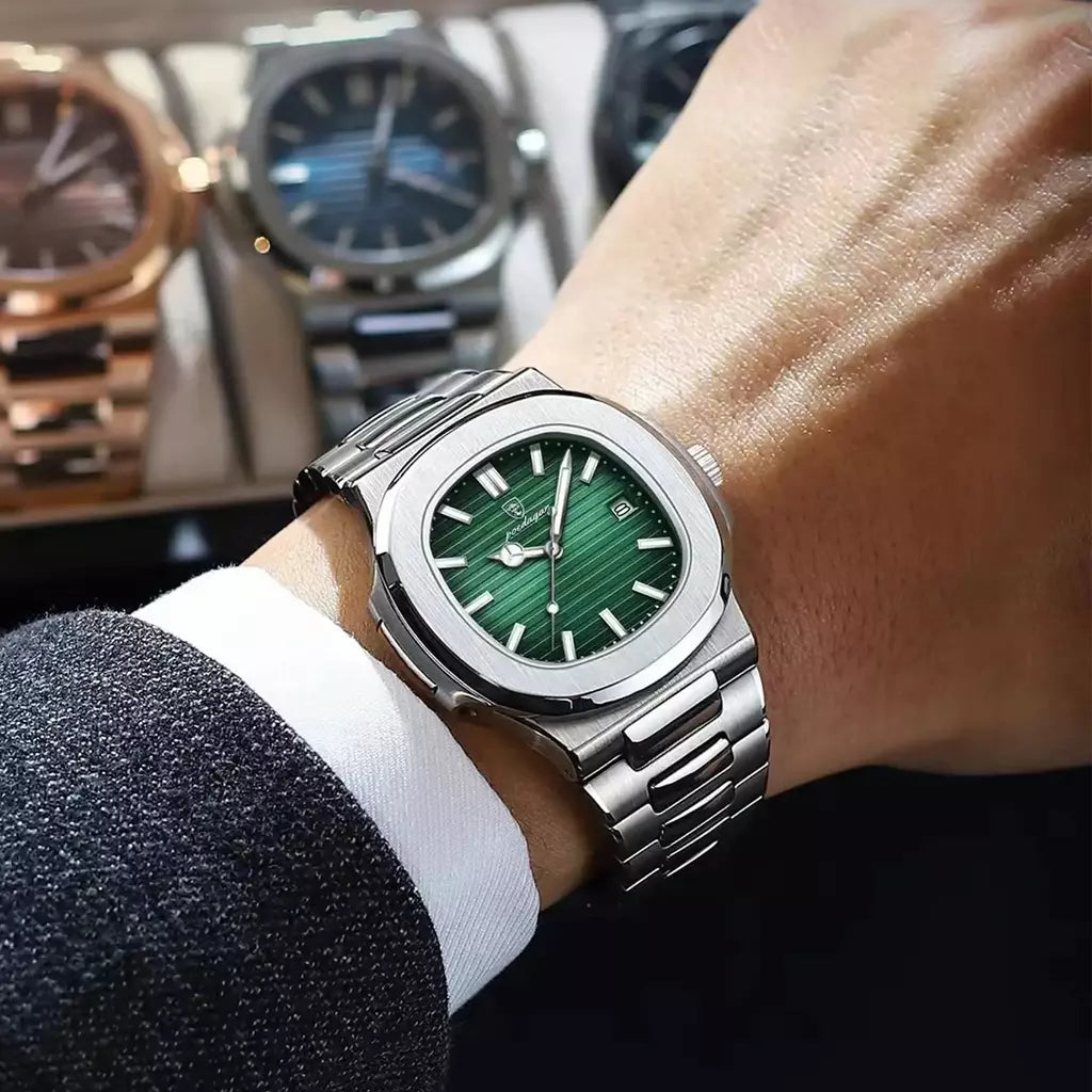Poedagar quadrado na moda relógio de pulso masculino luminoso à prova dwaterproof água relógio de aço inoxidável para homem data quartzo negócios relógios masculinos reloj