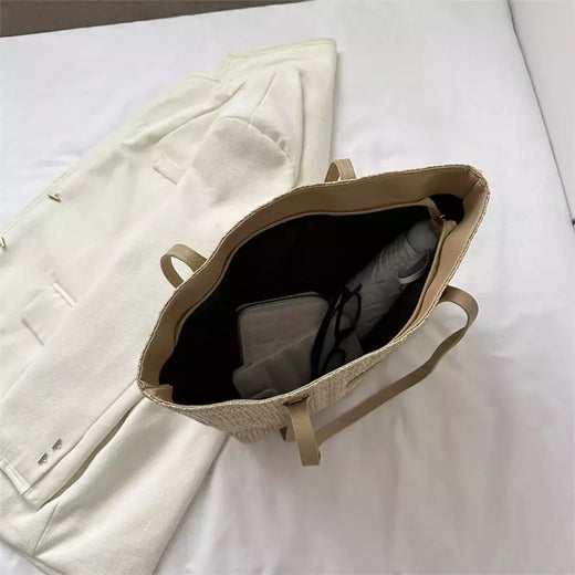 Sacola tecida estilo minimalista para mulheres, grande capacidade, bolsa de praia casual, tecido grama, bolsa de ombro, verão, 1 pc
