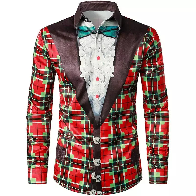Engraçado feliz natal lapela camisas masculinas papai noel cosplay gráficos camisas de manga comprida, roupas masculinas ternos falsos camisas