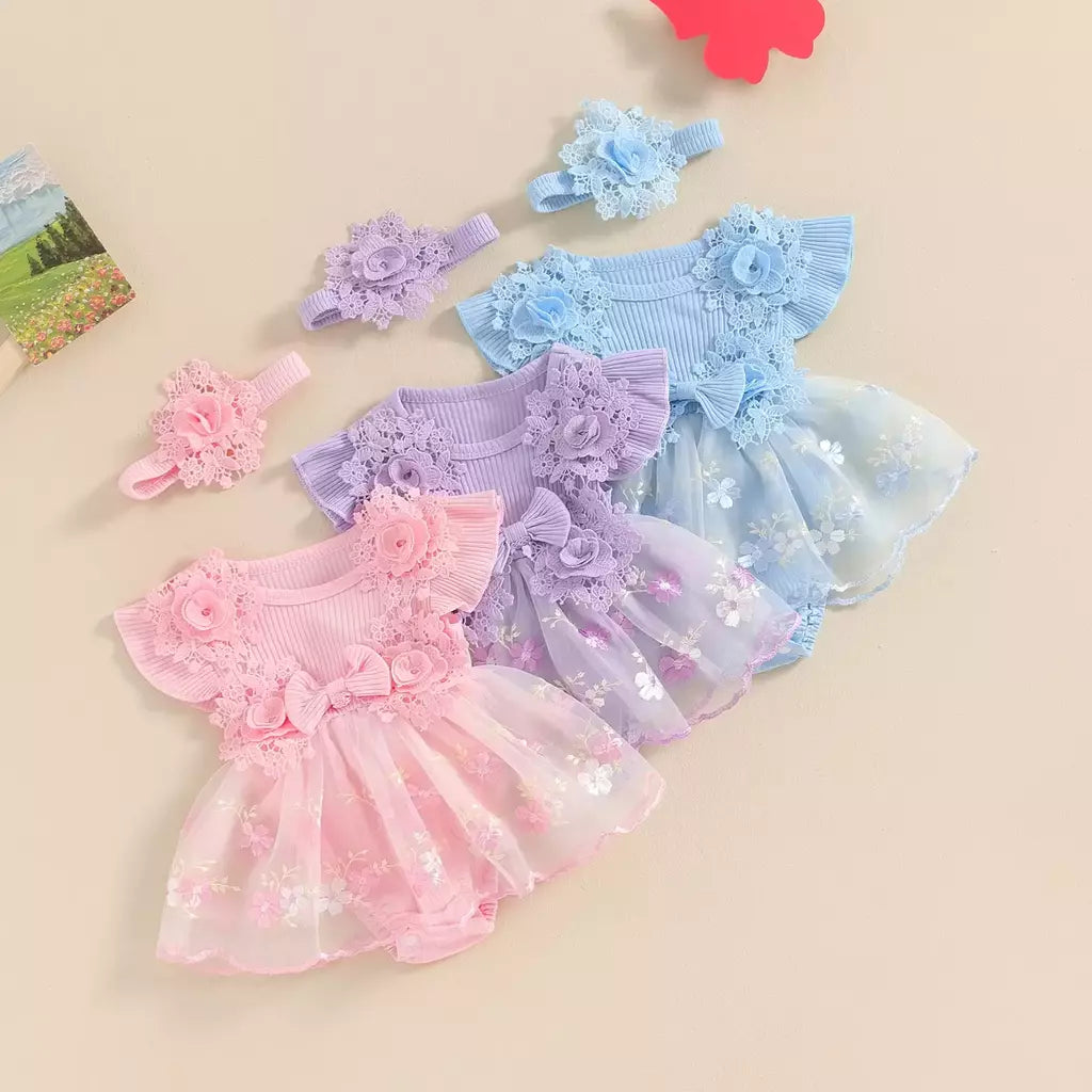 3d flor verão bebê meninas macacão princesa malha roupas recém-nascidos rendas retalhos plissado bodysuit vestido bandana crianças roupas