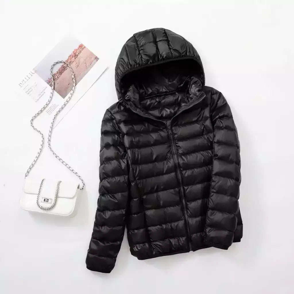 Casaco fino leve com capuz de pato para mulheres, casaco curto fino, streetwear quente, branco, plus size, casacos, outono, inverno, 2023
