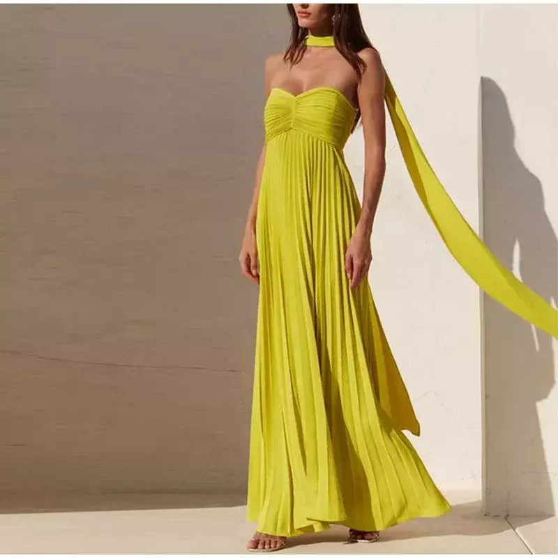 Vestido longo plissado sem alças feminino, Elegante, Sem alças, Fita, Plissado, Sexy, Sem mangas, Sem encosto, Lady, Festa à noite, Novo, Verão, 2022