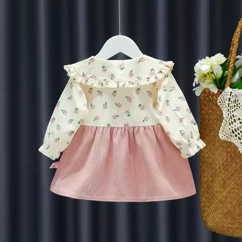 Outono novas meninas recém-nascidas vestido de manga longa dos desenhos animados fragmentado flor lapela bebê vestido de princesa flor cinta vestido