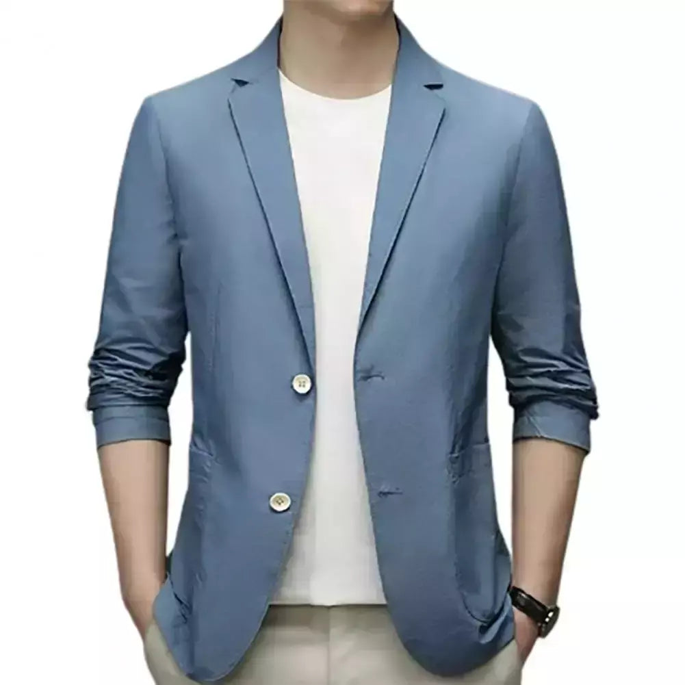 Blazers de negócios monocromáticos masculinos, blazers slim fit, botões duplos, lapela, mangas 3/4, terno de deslocamento, casaco do noivo