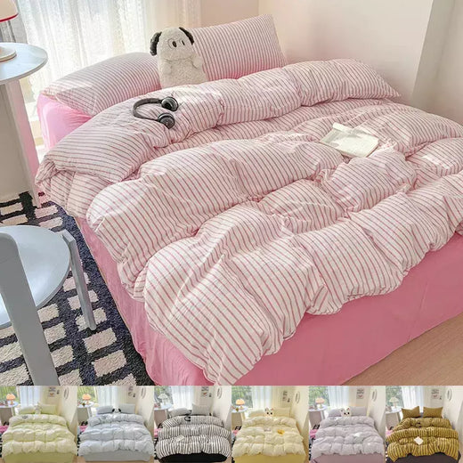 Conjunto de cama simples Pink Stripe para adultos e crianças, lençol de algodão lavado, fronha, roupa de cama completa Queen, conjunto de capa de edredão, sem enchimento