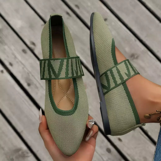 Sapatos rasos de malha com blocos coloridos para mulheres, ballet flats, tiras listradas casuais, dedo apontado, mocassins femininos