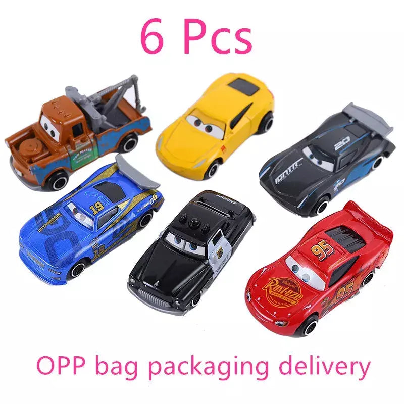 6-7 pçs disney pixar carro 3 2 1 relâmpago mcqueen caminhão mack jackson tempestade diecast metal carro de corrida dinoco racer brinquedo conjunto menino presente