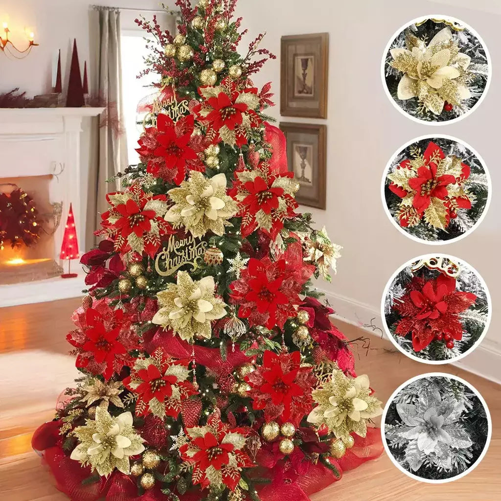 Flores artificiais de glitter para árvore de natal, ornamentos pendurados, flor falsa, lar, Natal, ano novo, presente, 2022, 2024