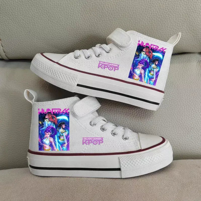 Novas crianças sapatos de lona de alta qualidade meninas sapatos kpop demônio caçadores crianças sapatos de placa branca estudante correndo tênis sapatos brancos