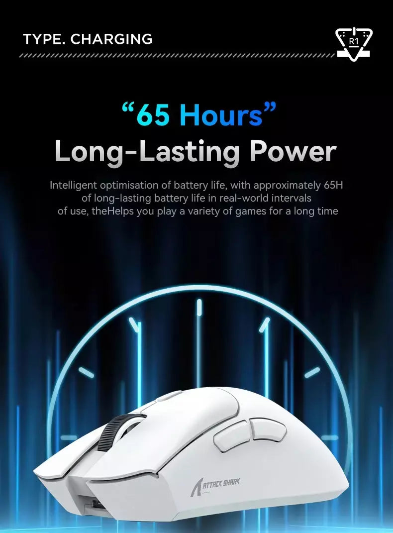 Mouse Bluetooth Attack Shark R1 1000 Hz, 18000 dpi, PAW3311, conexão tripla, mouse macro para jogos