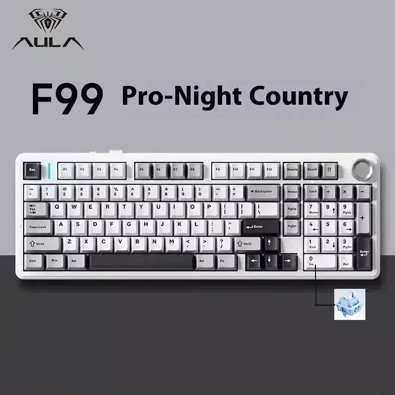 Teclado mecânico para jogos AULA F99PRO, 99 teclas, três modos, sem fio, estrutura de junta permutável, teclado personalizado com botão de mídia