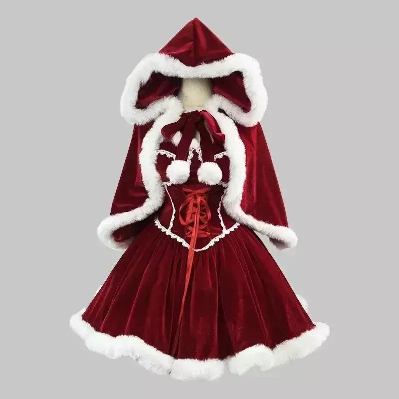 Ano novo vestido vermelho manto cosplay plus size roupas de natal capa feminina role play outfit conjunto completo quente traje de férias meninas