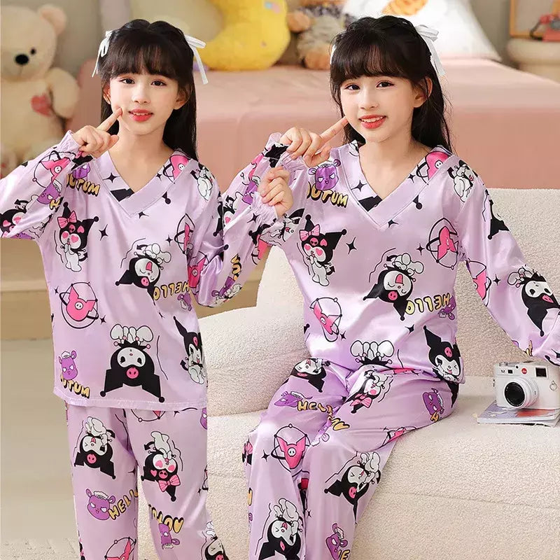 Ice Silk infantil Conjunto de Pijamas de manga curta, Pijamas gola V, Anime Sanrio Kuromi Minha melodia Desenhos animados, Cinnamoroll Menina, Cinnamoroll