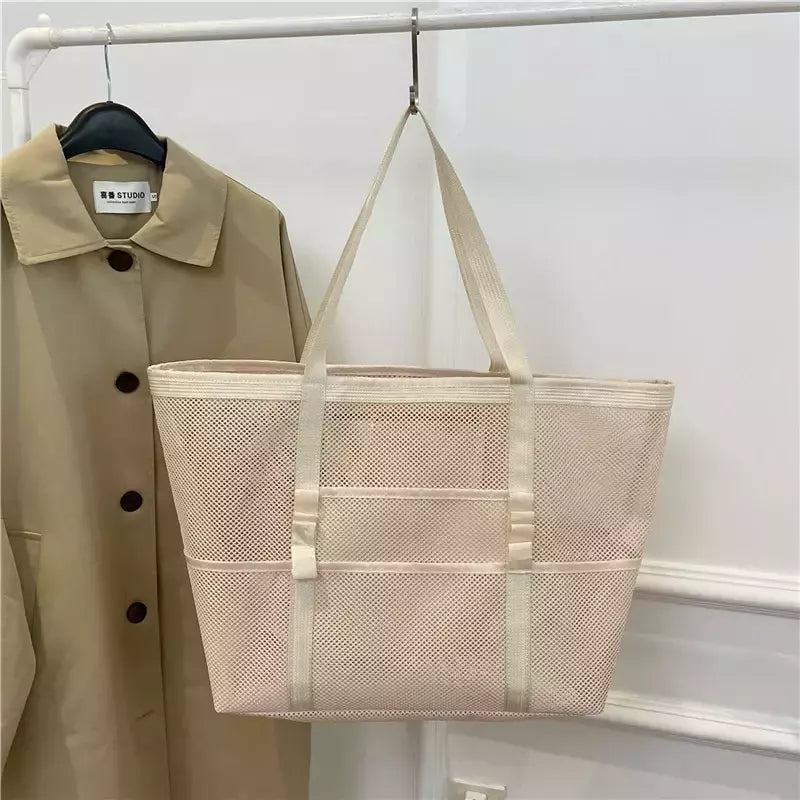 Bolsa de praia de malha portátil para mulheres, maquiagem, bolsa de lavagem, organizador de banho, Shopper Totes, verão