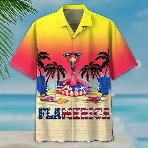 Flamingo desenho animado 3D dos homens camisa havaiana, roupas de praia extragrandes, manga curta, moda, verão, venda quente