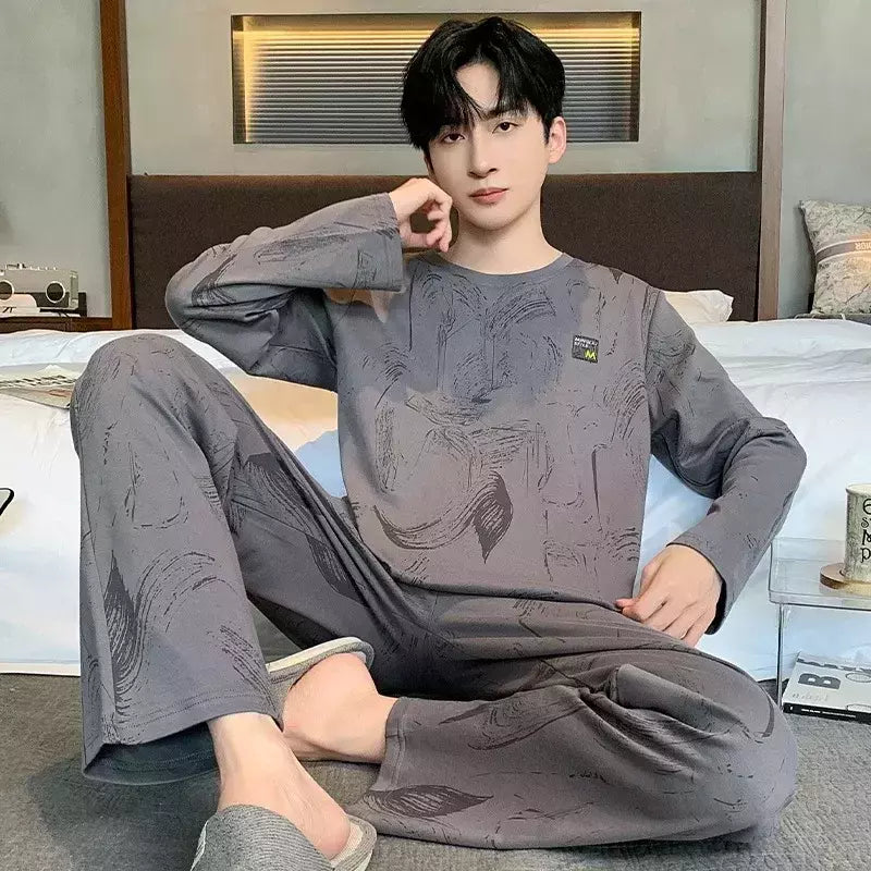 Pijama de algodão de duas peças masculino, calça de manga comprida, traje caseiro, estudante e adolescente, novo outono