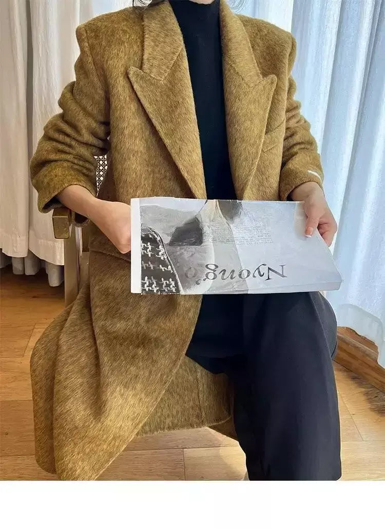 Casaco de alpaca de lã feminino, jaquetas de lã, trespassado duplo, gola de terno, solto, Casacos longos, senhora do escritório, outono, inverno, 2022