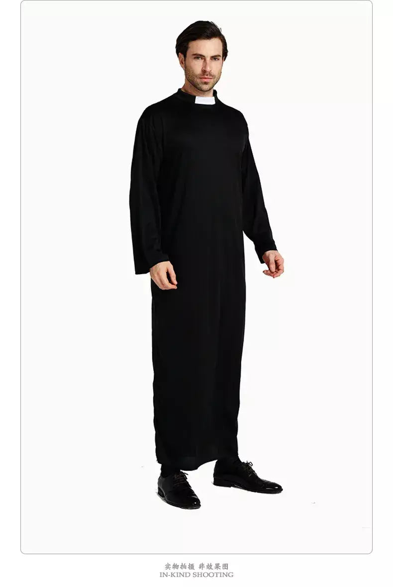 Adultos todo preto robe padrinho role play traje com cruz pastor missionários traje de halloween desempenho palco