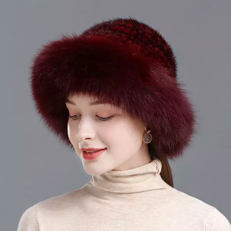 Chapéu de pele de vison genuíno para mulheres Boné de malha natural Gorros luxuosos Headwear de malha artesanal Pele de raposa real, moda inverno quente, nova