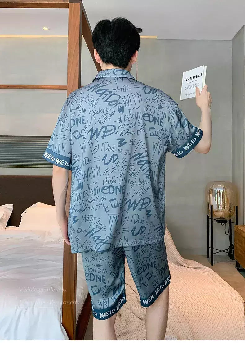 Pijama de seda gelo de duas peças masculino, shorts de manga curta, seção fina, estudante, terno homewear adolescente, verão, novo