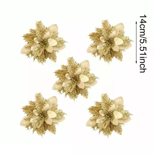 Flores artificiais de glitter para árvore de natal, ornamentos pendurados, flor falsa, lar, Natal, ano novo, presente, 2022, 2024