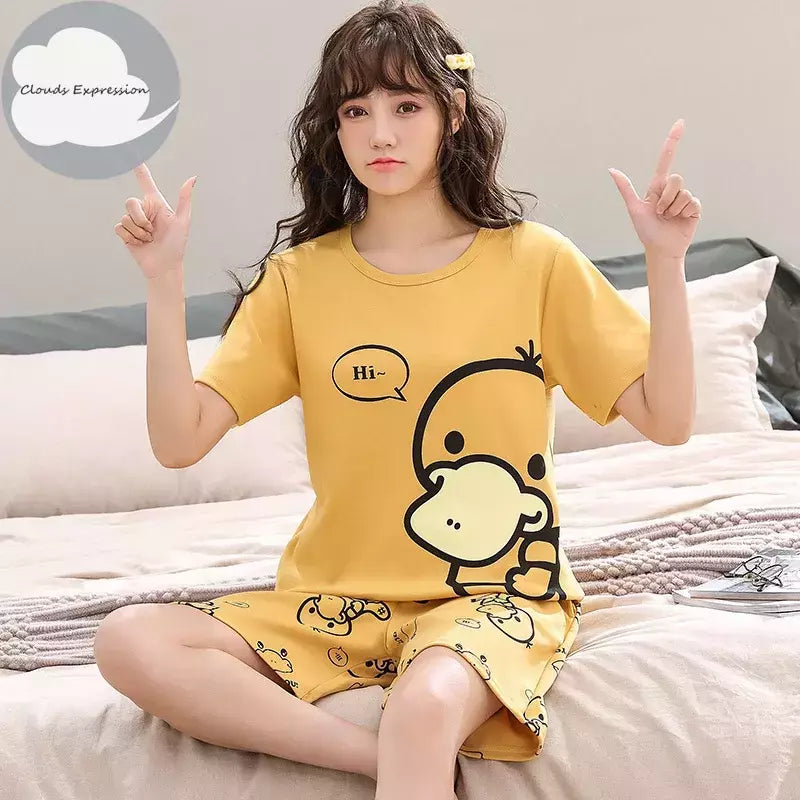 Desenhos animados pato impressão pijama conjuntos para jovens amantes, pijamas de algodão, ternos curtos para casais, moda homewear, verão, 4XL