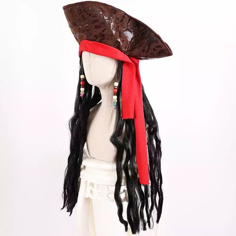 Adulto masculino caribe pirata chapéu peruca halloween palco desempenho pirata capitão traje peruca acessórios de festa jack sparrow peruca