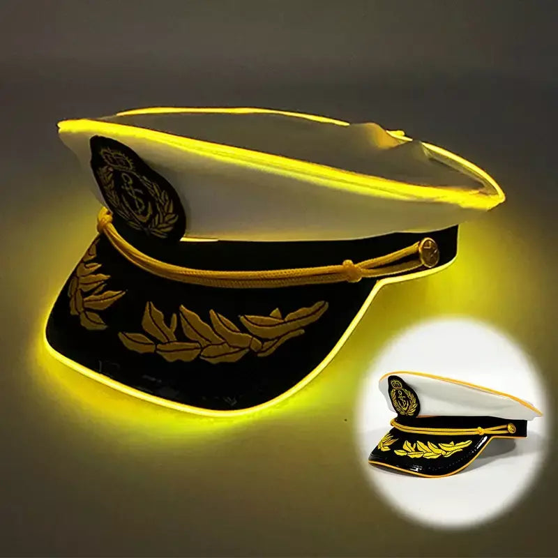 Branco trigo adulto iate barco capitão chapéu militar led luminoso boné da marinha festa de dança do dia das bruxas cosplay vestido traje chapéu