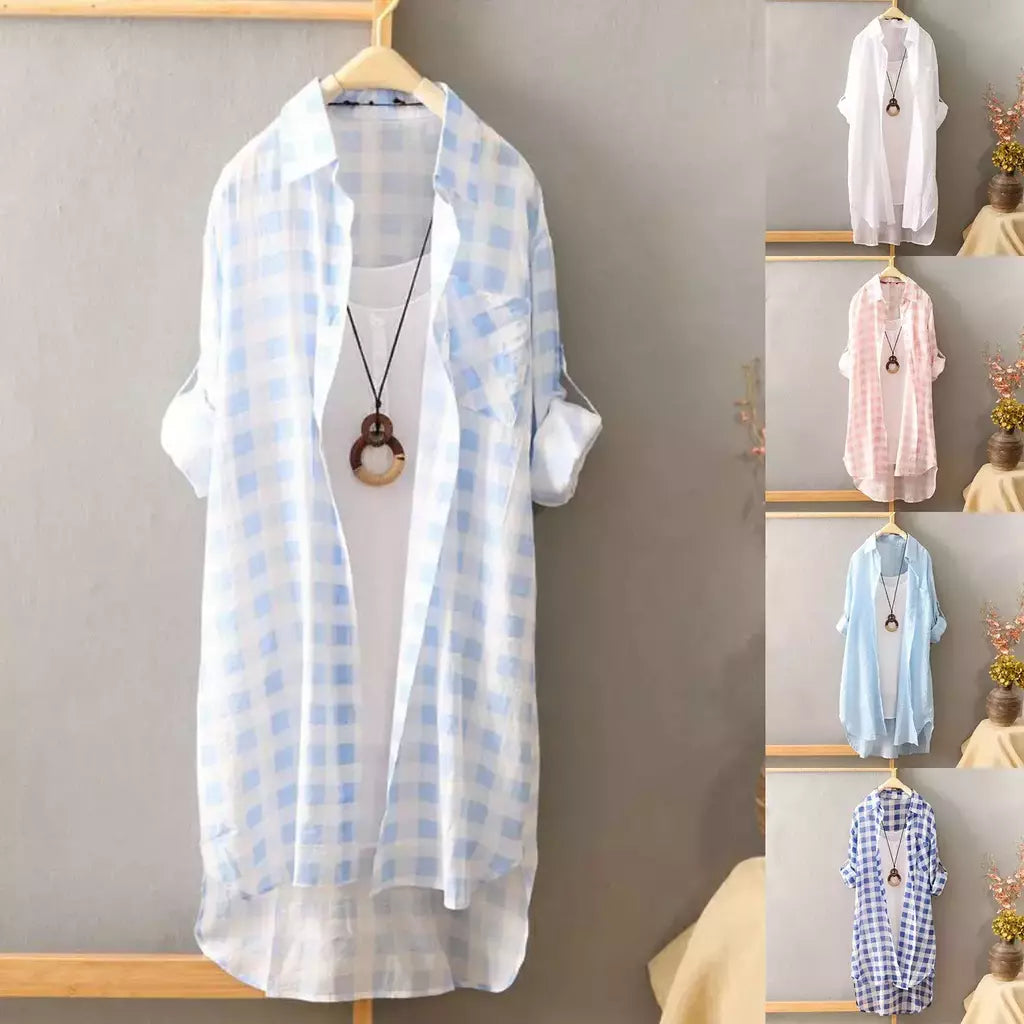 Camisa solta de comprimento médio feminina, tops de manga comprida, blusa casual, casaco feminino, moda verão
