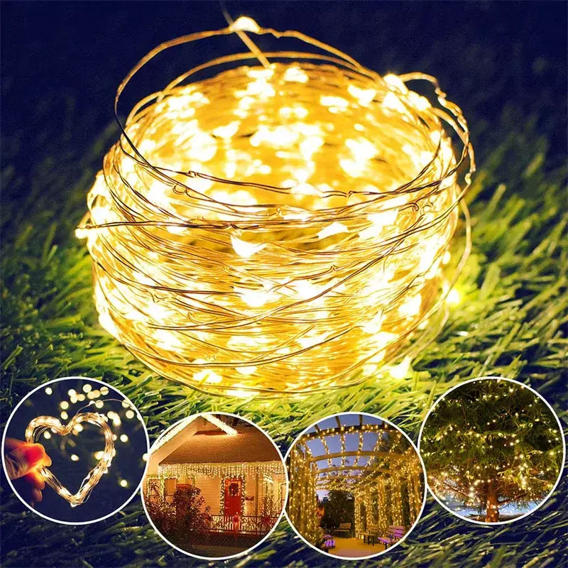 USB LED Fairy Lights Copper Wire String, Lâmpada ao ar livre, Guirlanda para árvore de Natal, Decoração de casamento, Feriado, 20m, 200 LEDs