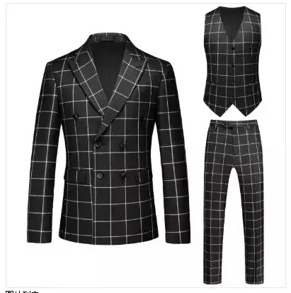 (Blazer + calça + colete) masculino luxo formal ternos de casamento moda masculina negócios social baile festa duplo breasted vestido xadrez 3 peça