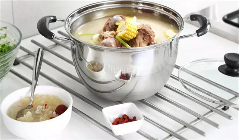 Panela de aço inoxidável com fundo duplo, panela de sopa não magnética, panelas multiuso, panela antiaderente, fogão a gás usado, panela quente